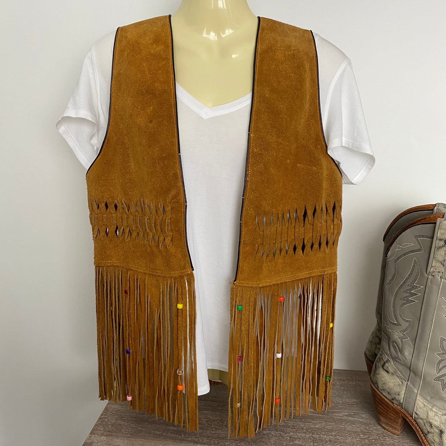 Genuine Suede Leather Vest Fringe Bead Detail Coastal Cowgirl