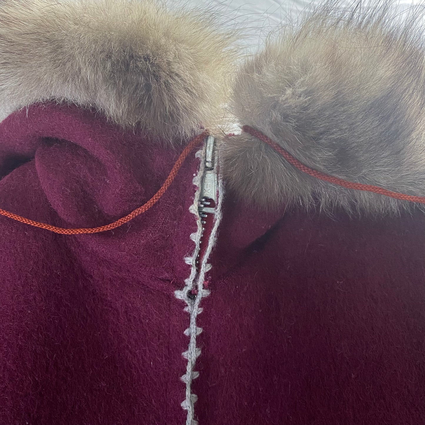 Vintage Inuit Fur Trim Hooded Wool Parka Burgundy Plum Wine Colour
