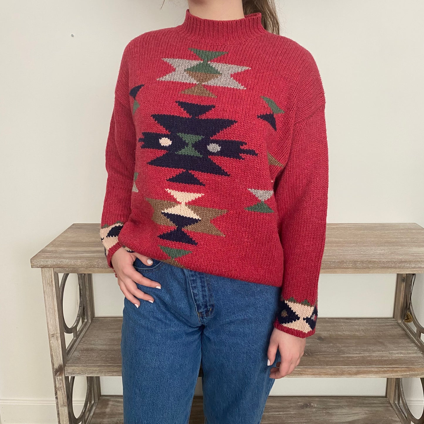 Vintage Lambs Wool Sweater, Oversized Southwestern Aztec