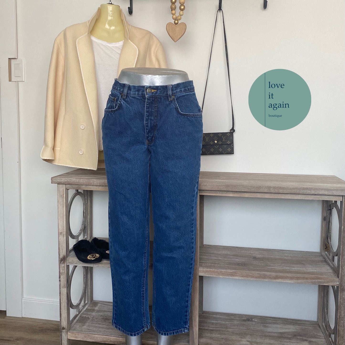Vintage Mom High Rise Straight Wide Ankle Blue Denim Jeans Large