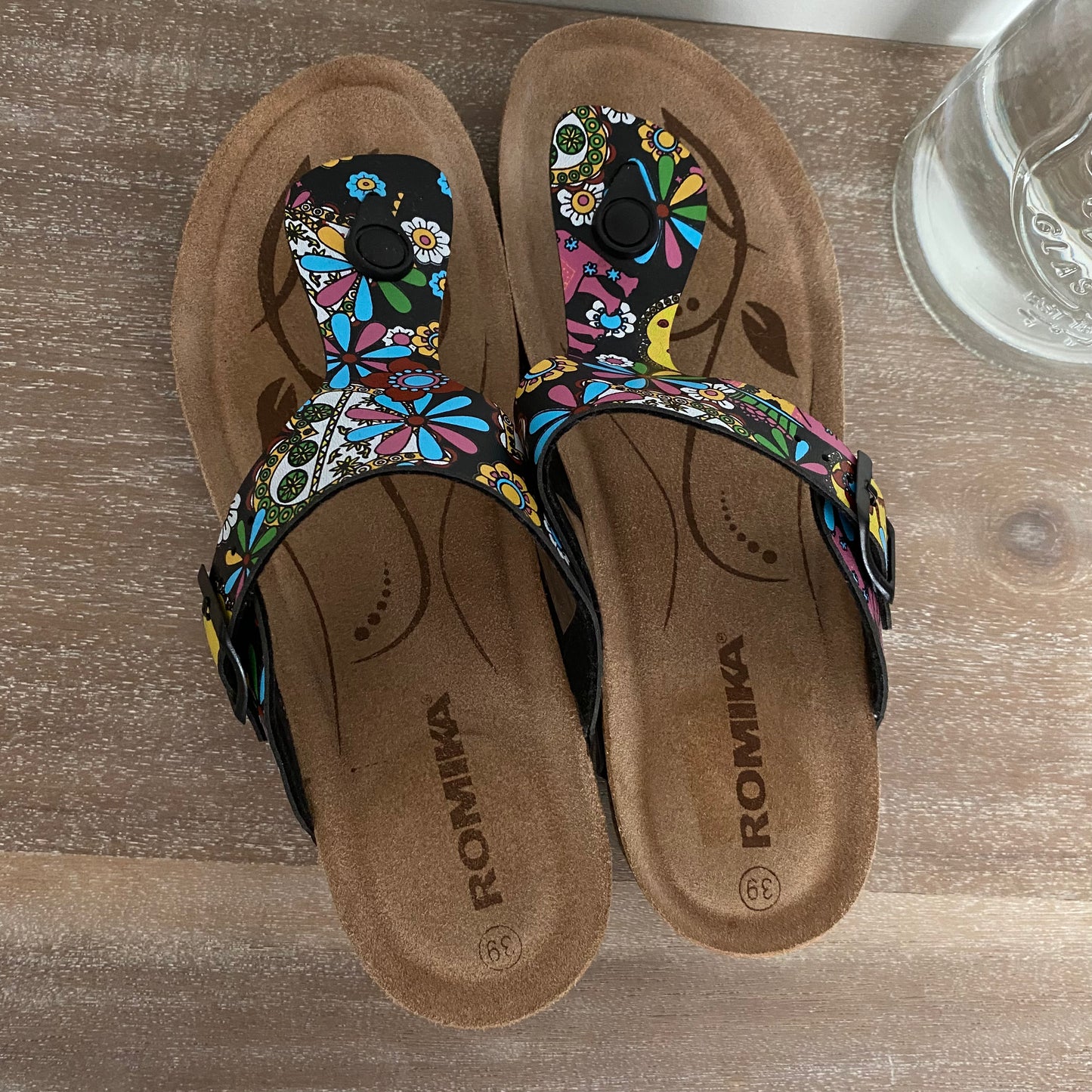 Romika Flower Power Wedge Leather Cork Thong Sandals NWOT