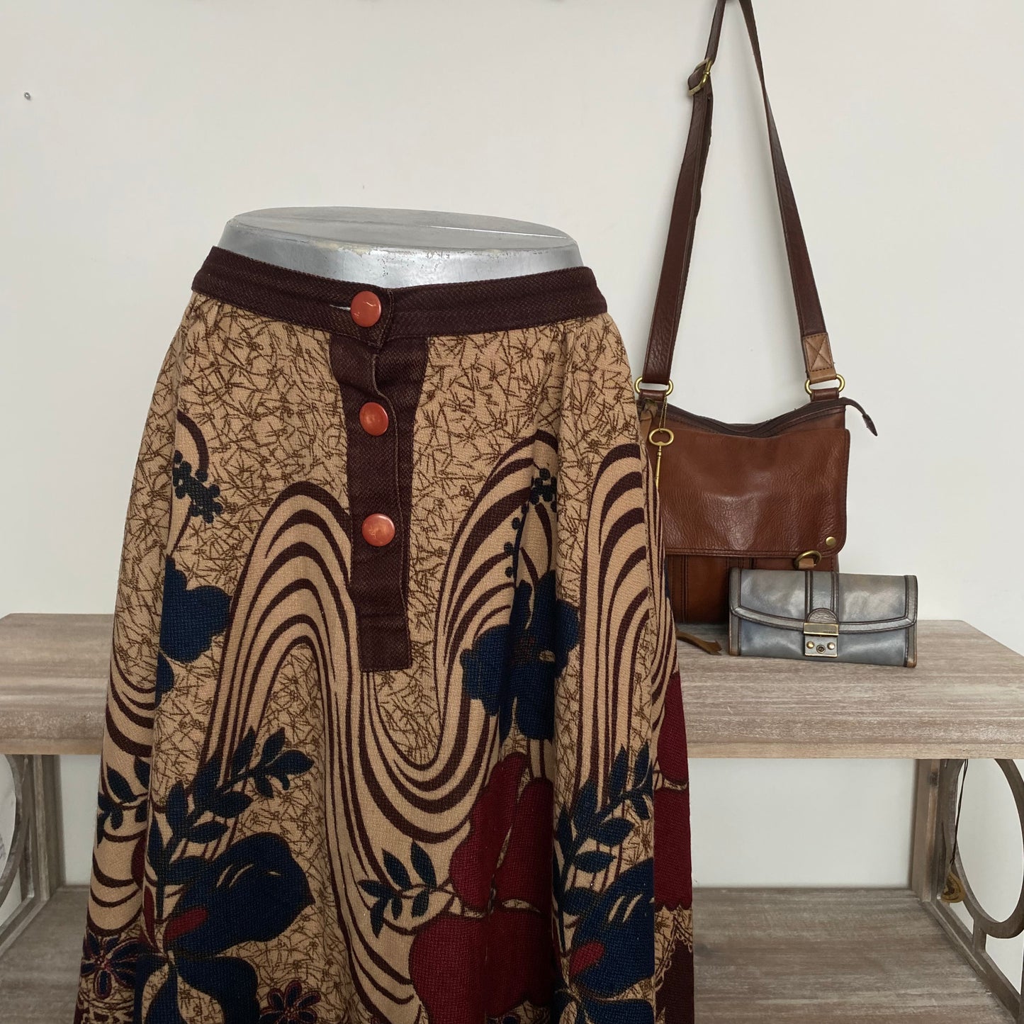 Vintage Midi Skirt, Flowy Lightweight Wool Blend