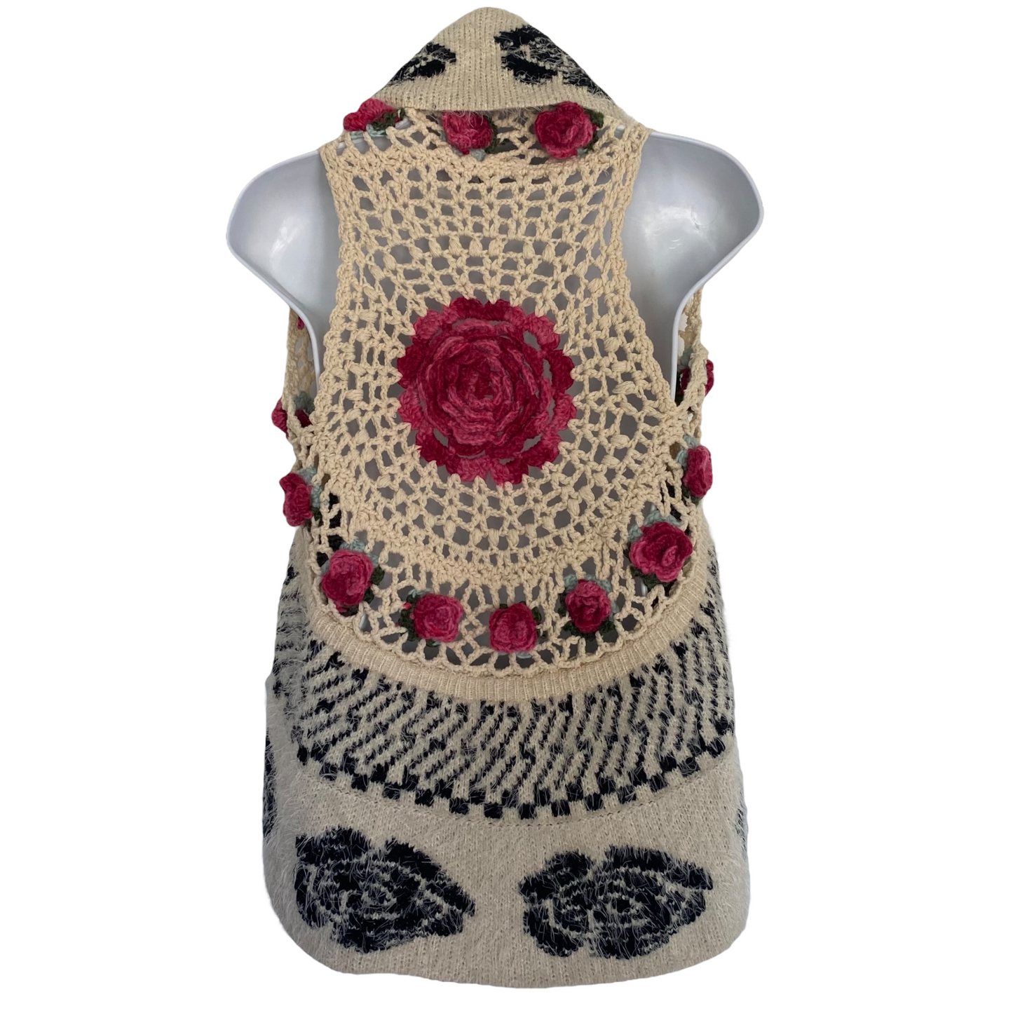 Vintage Sweater Vest Boho Rosette Floral Appliqué 3D Floret Size XS/S