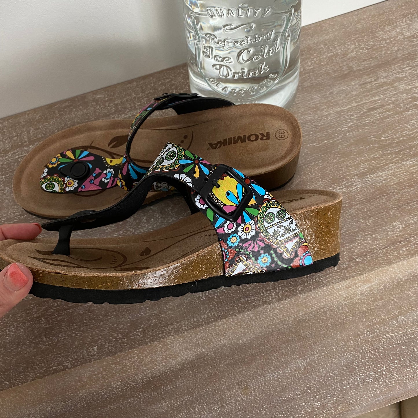 Romika Flower Power Wedge Leather Cork Thong Sandals NWOT