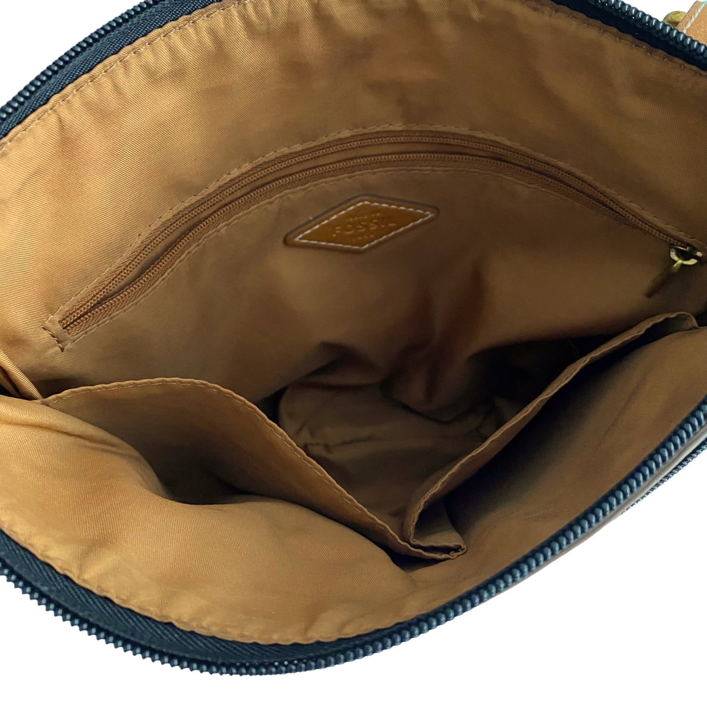 Gorgeous Fossil Purse Cognac Camel Leather Trim Crossbody Medium Size