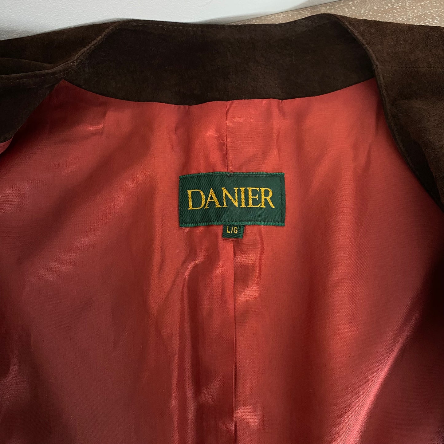 Stunning Vintage Brown Suede Leather Collarless Long Jacket Coat Size Large