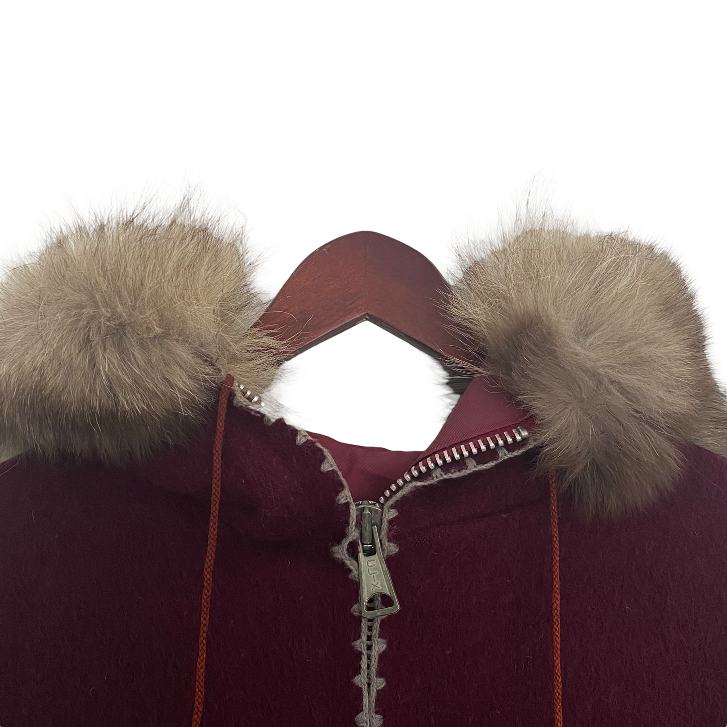 Vintage Inuit Fur Trim Hooded Wool Parka Burgundy Plum Wine Colour