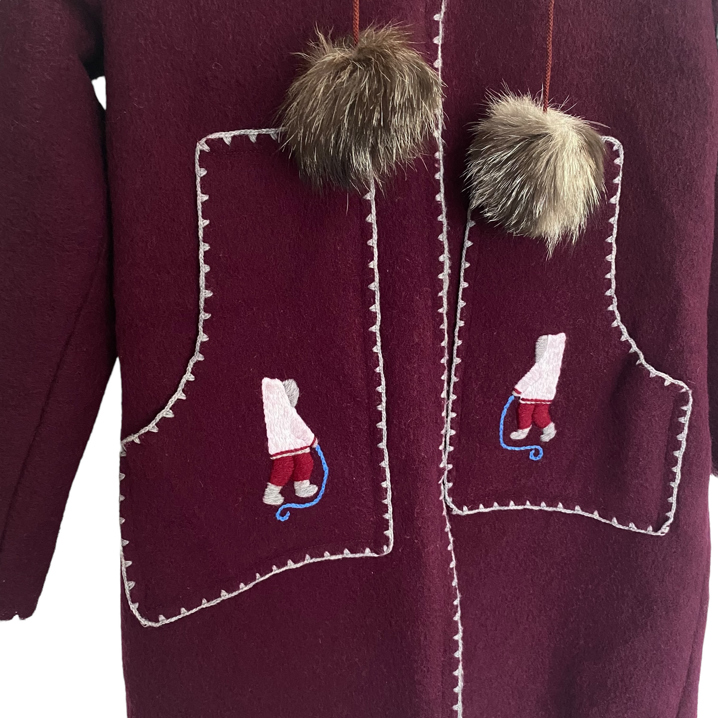 Vintage Inuit Fur Trim Hooded Wool Parka Burgundy Plum Wine Colour