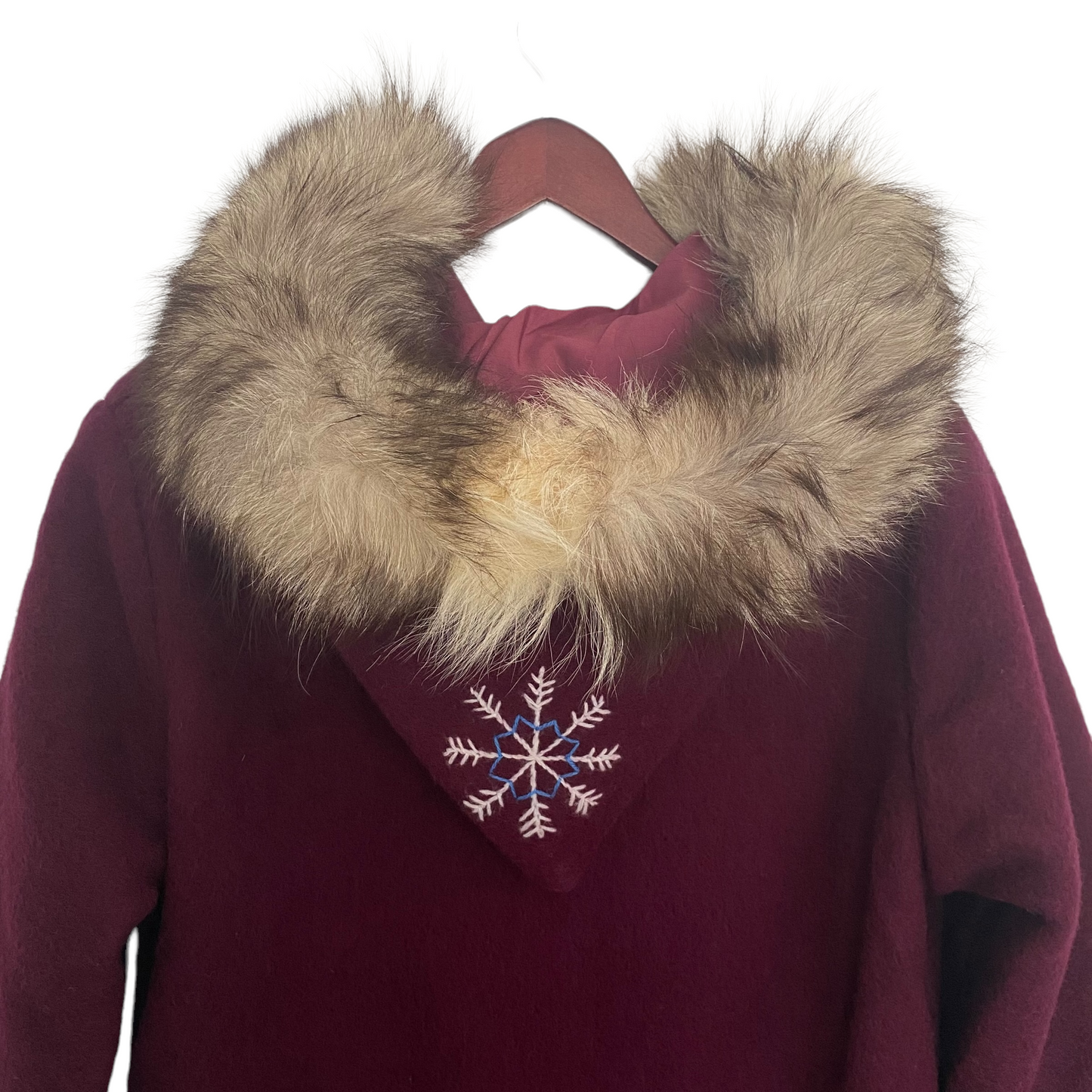 Vintage Inuit Fur Trim Hooded Wool Parka Burgundy Plum Wine Colour