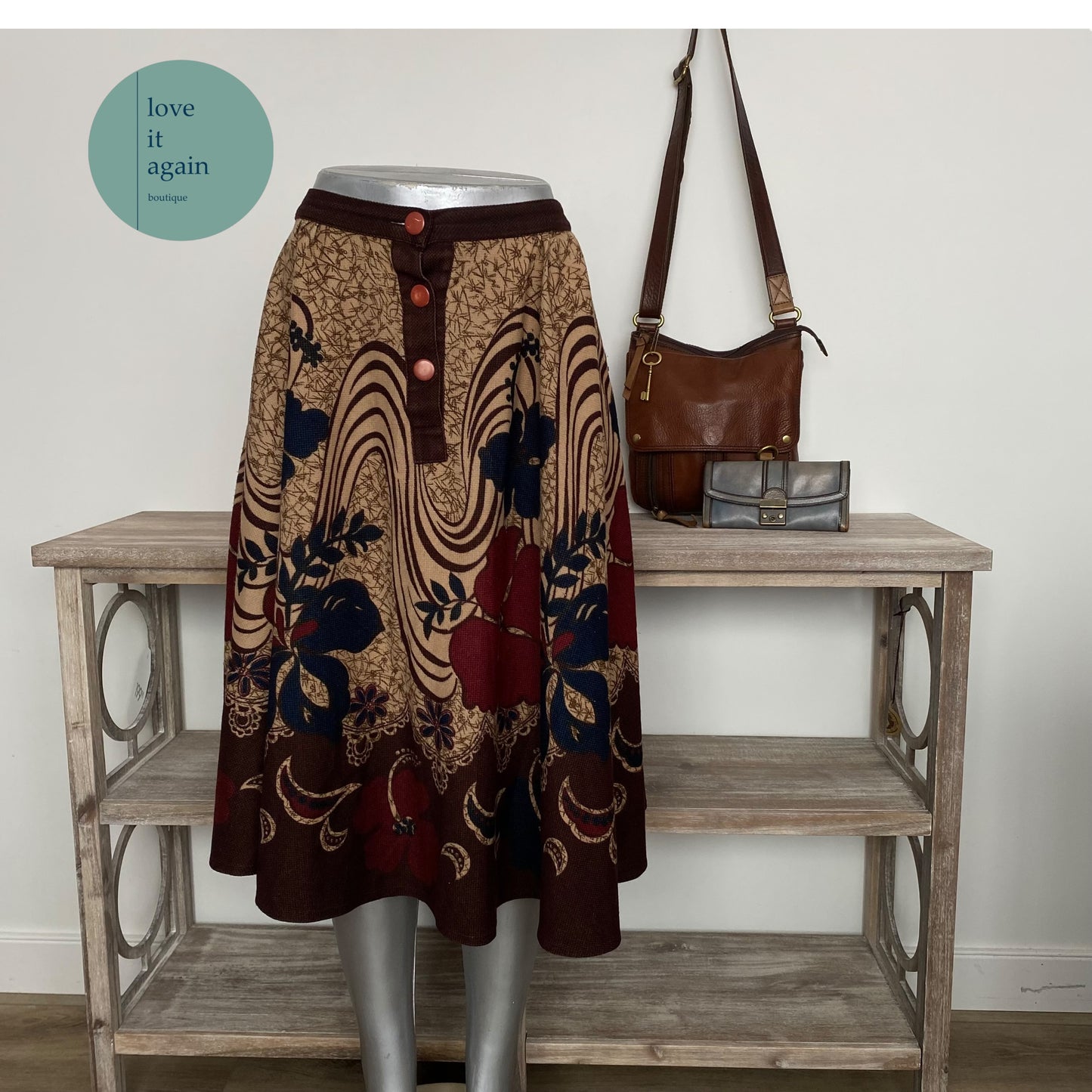 Vintage Midi Skirt, Flowy Lightweight Wool Blend