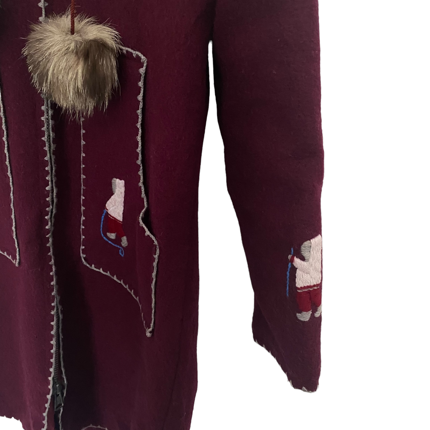 Vintage Inuit Fur Trim Hooded Wool Parka Burgundy Plum Wine Colour