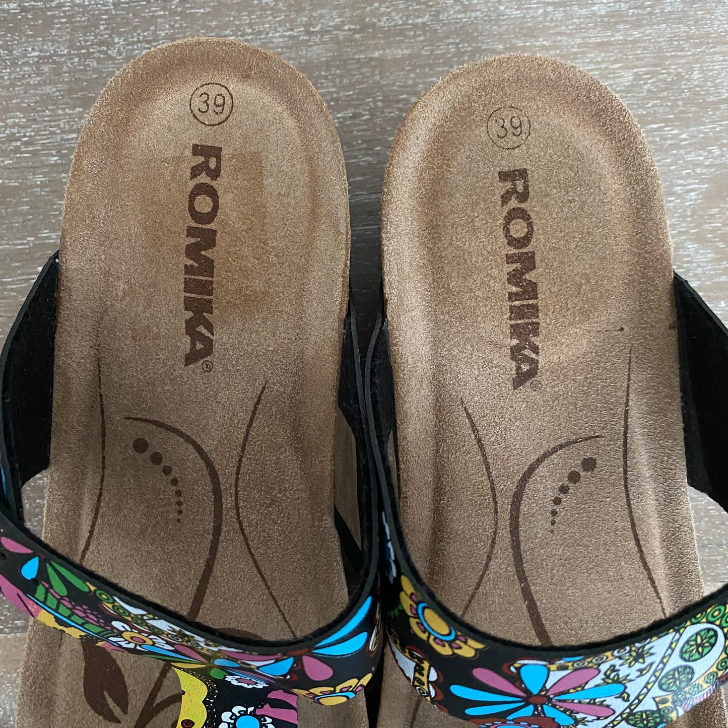 Romika Flower Power Wedge Leather Cork Thong Sandals NWOT