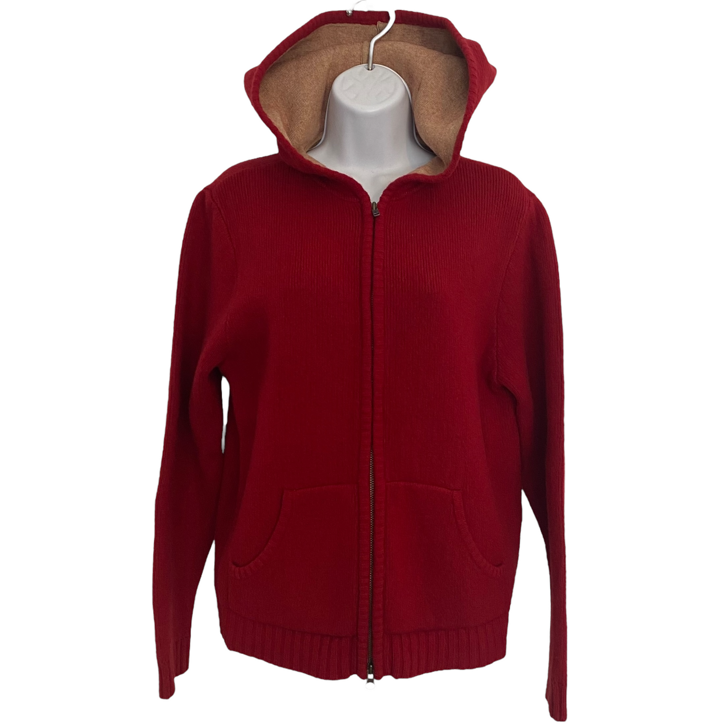 Eddie Bauer Red Soft Lambswool Hooded Zipped Cardigan Size Medium