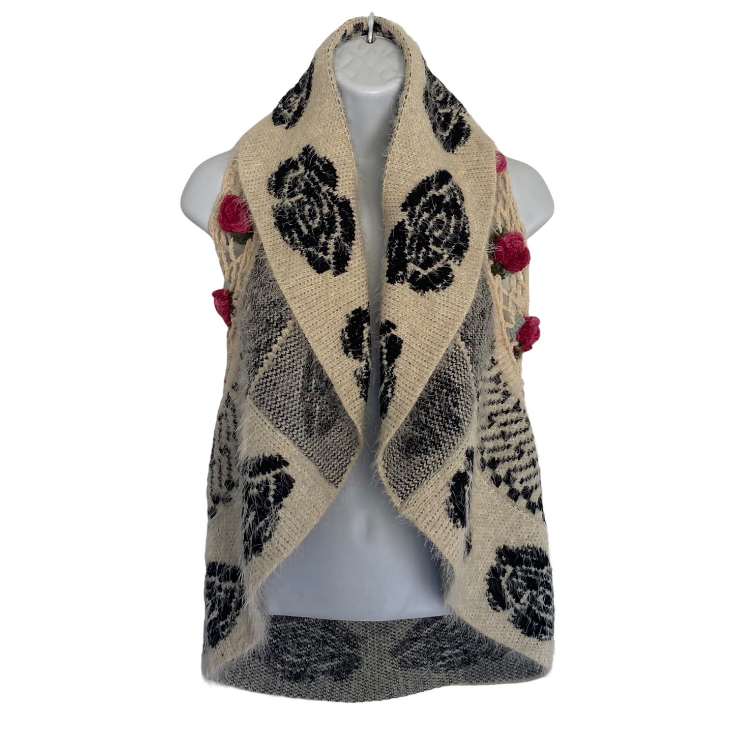 Vintage Sweater Vest Boho Rosette Floral Appliqué 3D Floret Size XS/S