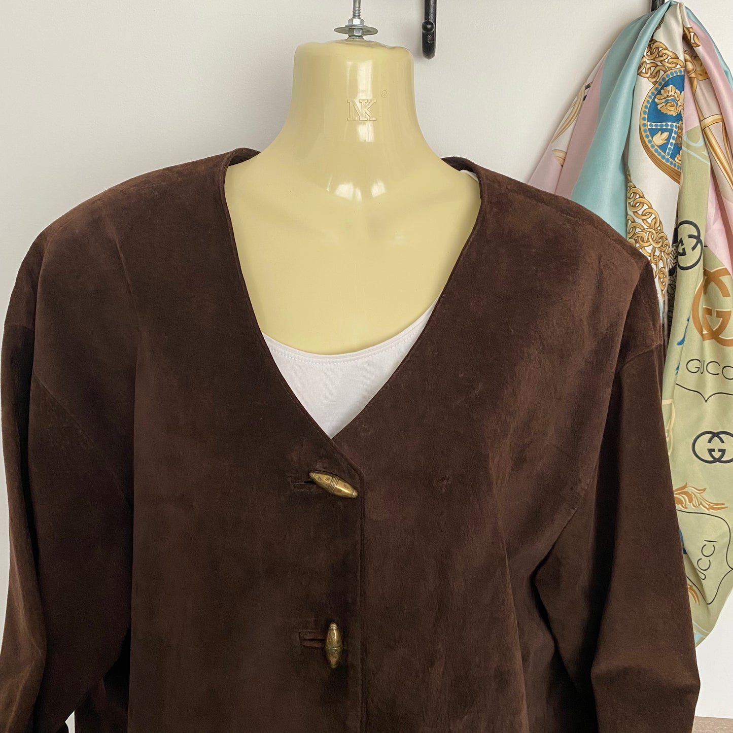 Stunning Vintage Brown Suede Leather Collarless Long Jacket Coat Size Large