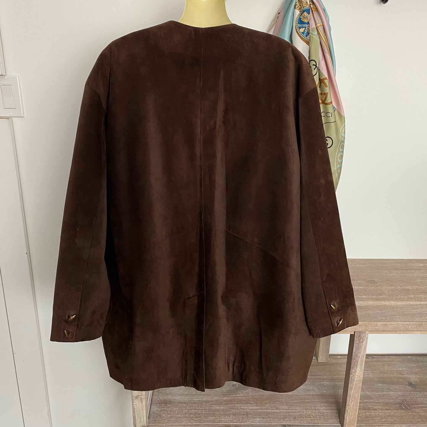 Stunning Vintage Brown Suede Leather Collarless Long Jacket Coat Size Large