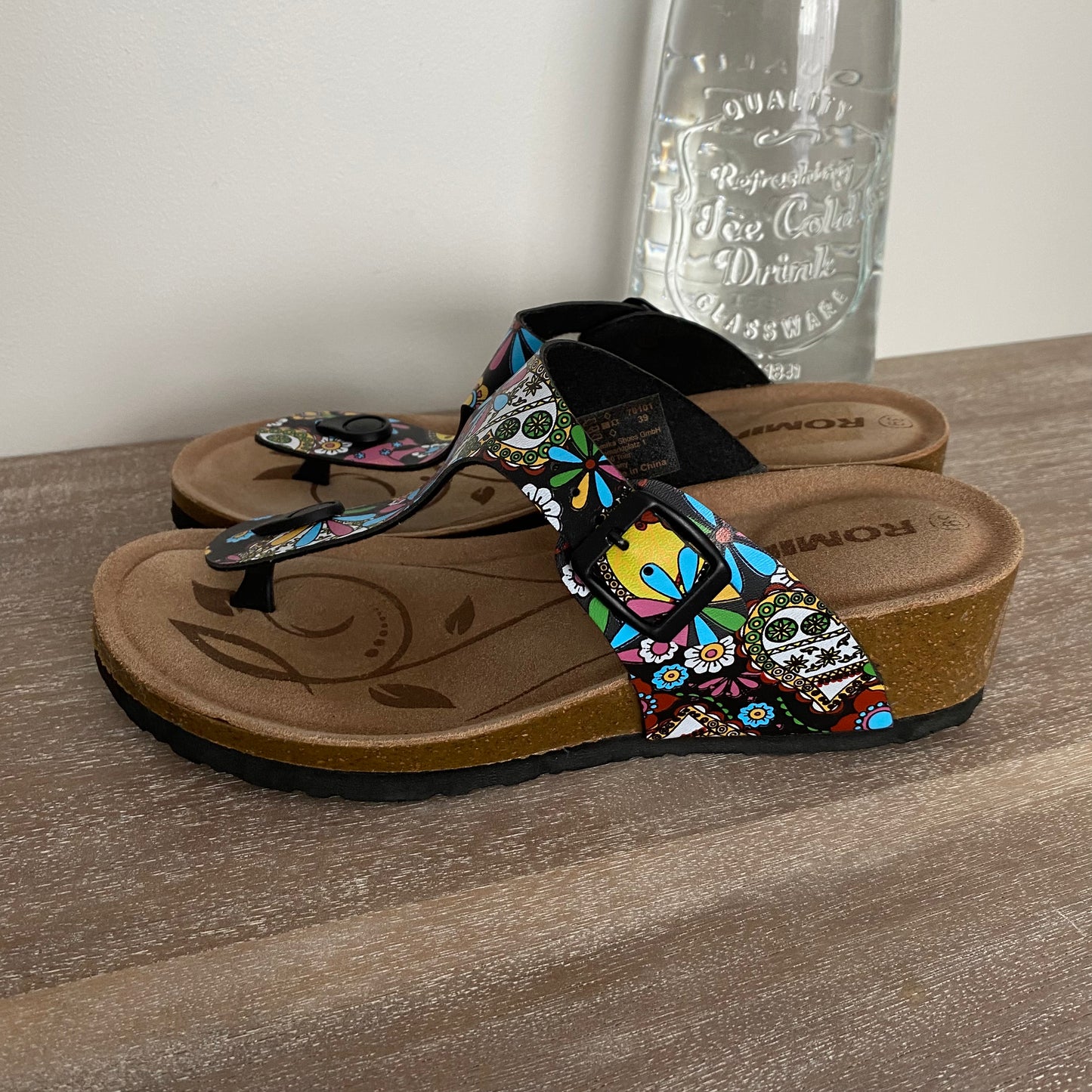 Romika Flower Power Wedge Leather Cork Thong Sandals NWOT