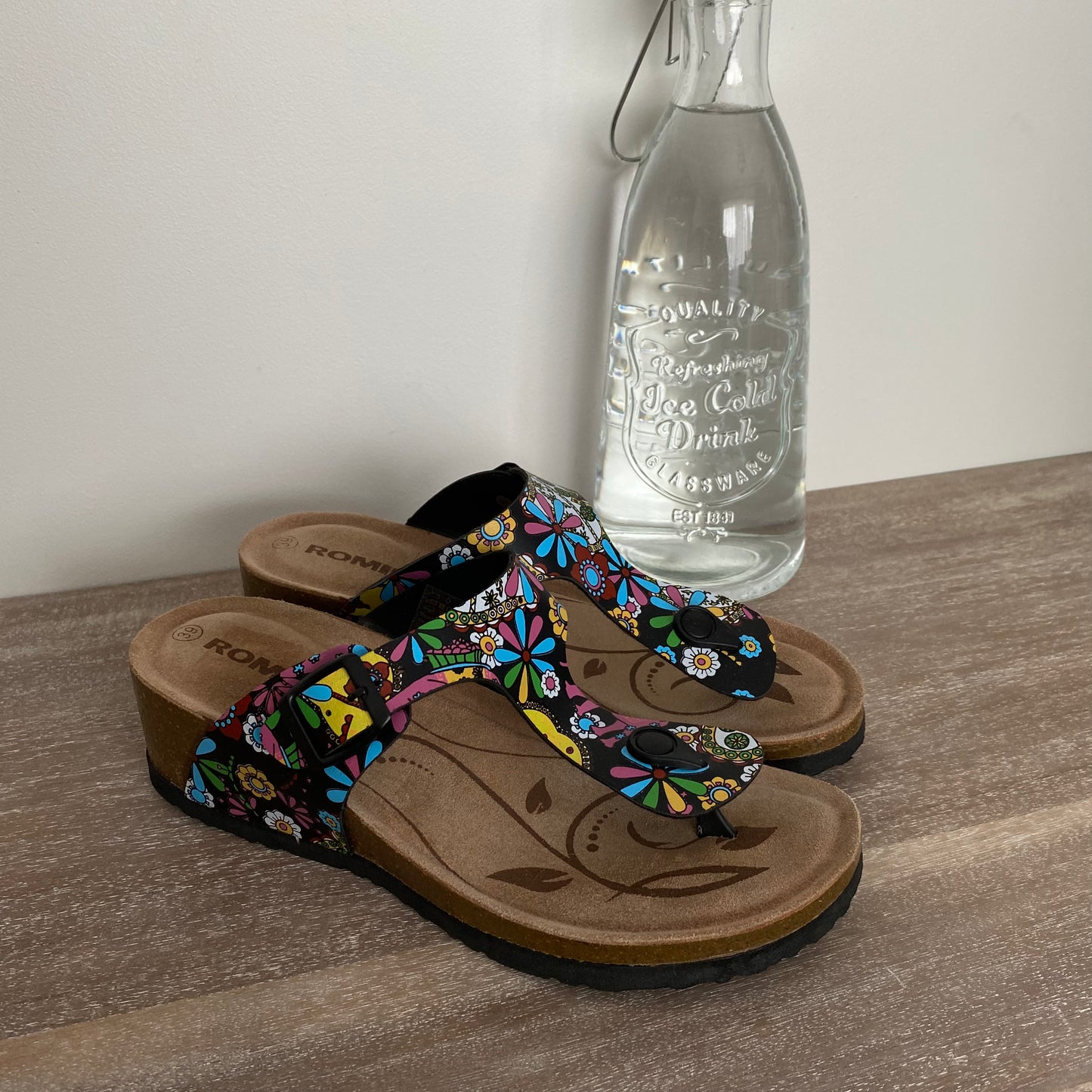 Romika Flower Power Wedge Leather Cork Thong Sandals NWOT