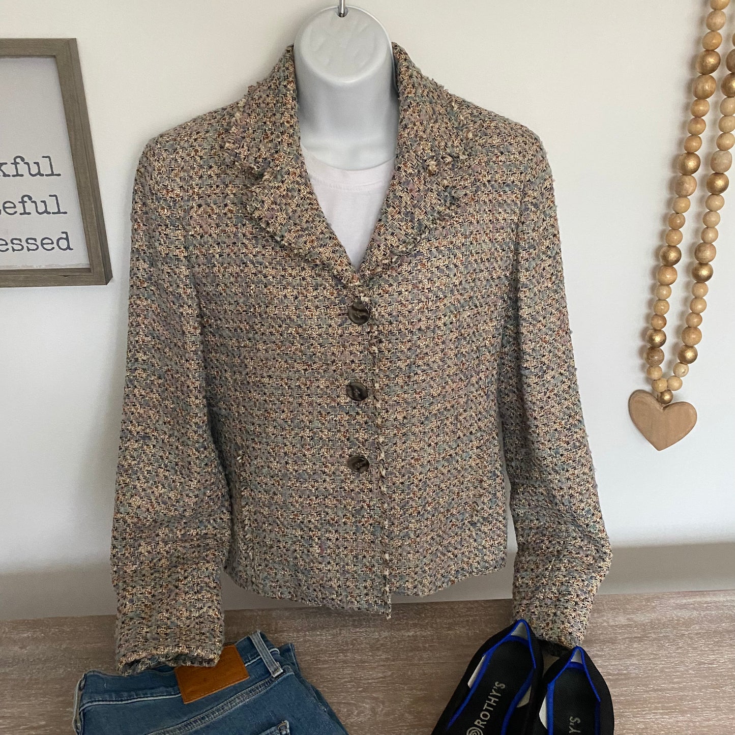 Vintage Tweed Blazer Jacket Fringe Trims Size Medium