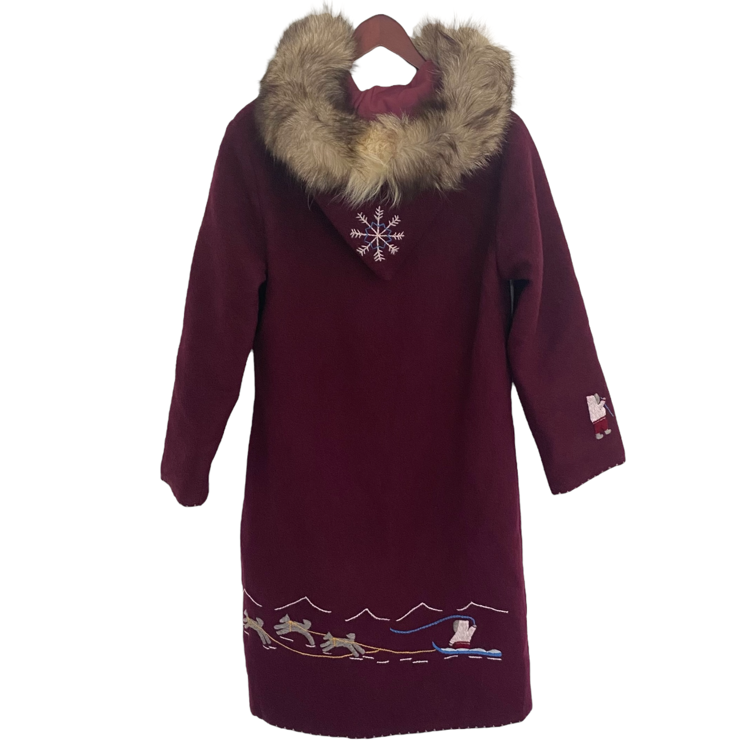 Vintage Inuit Fur Trim Hooded Wool Parka Burgundy Plum Wine Colour