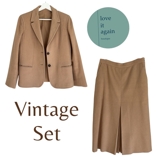 Vintage Wool Camel Hair Blazer Jacket & A-Line Skirt Suit Set