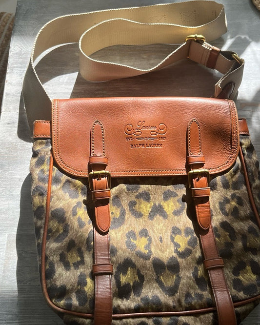 Vintage Ralph Lauren Leopard Print Crossbody Messenger Bag Purse