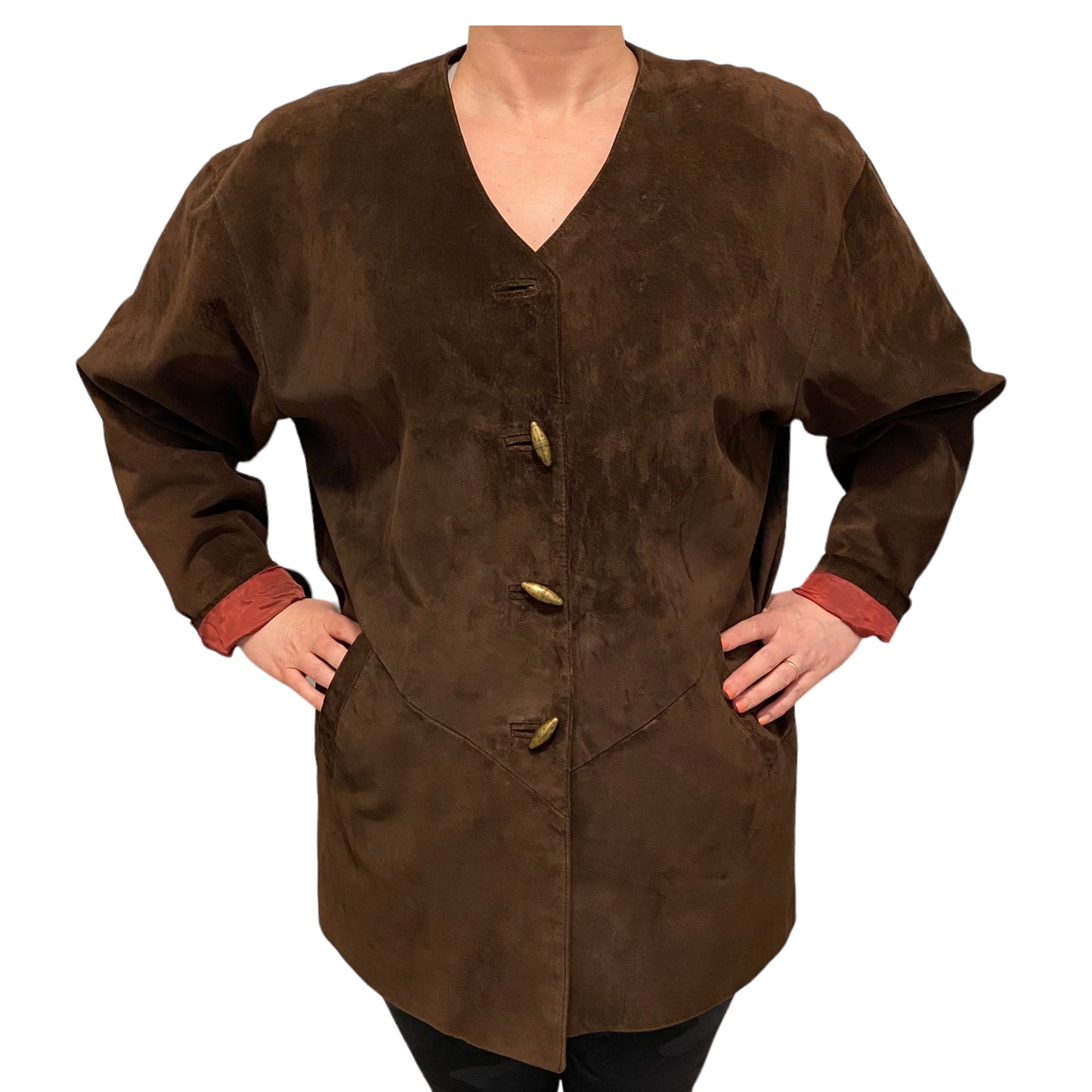 Stunning Vintage Brown Suede Leather Collarless Long Jacket Coat Size Large