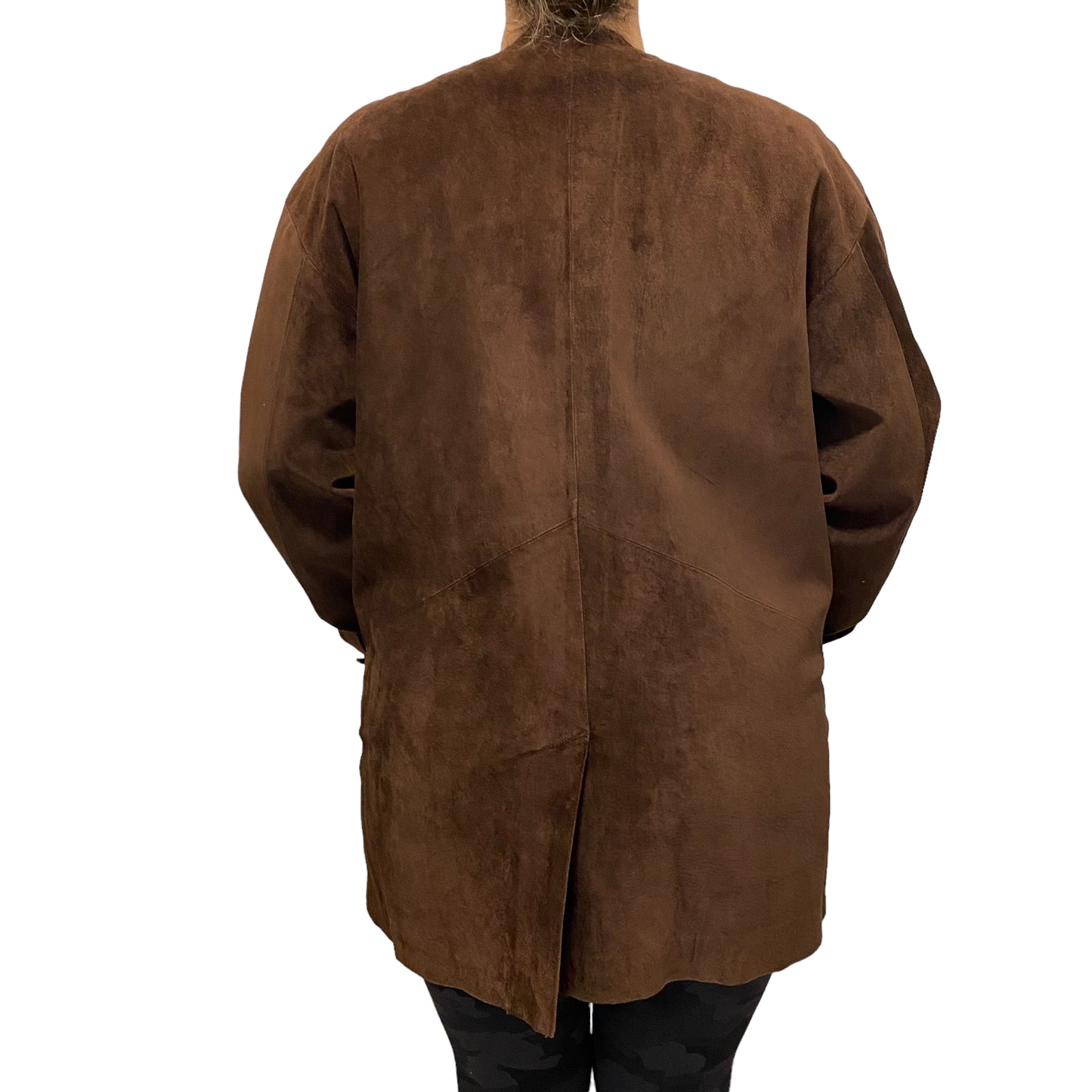 Stunning Vintage Brown Suede Leather Collarless Long Jacket Coat Size Large