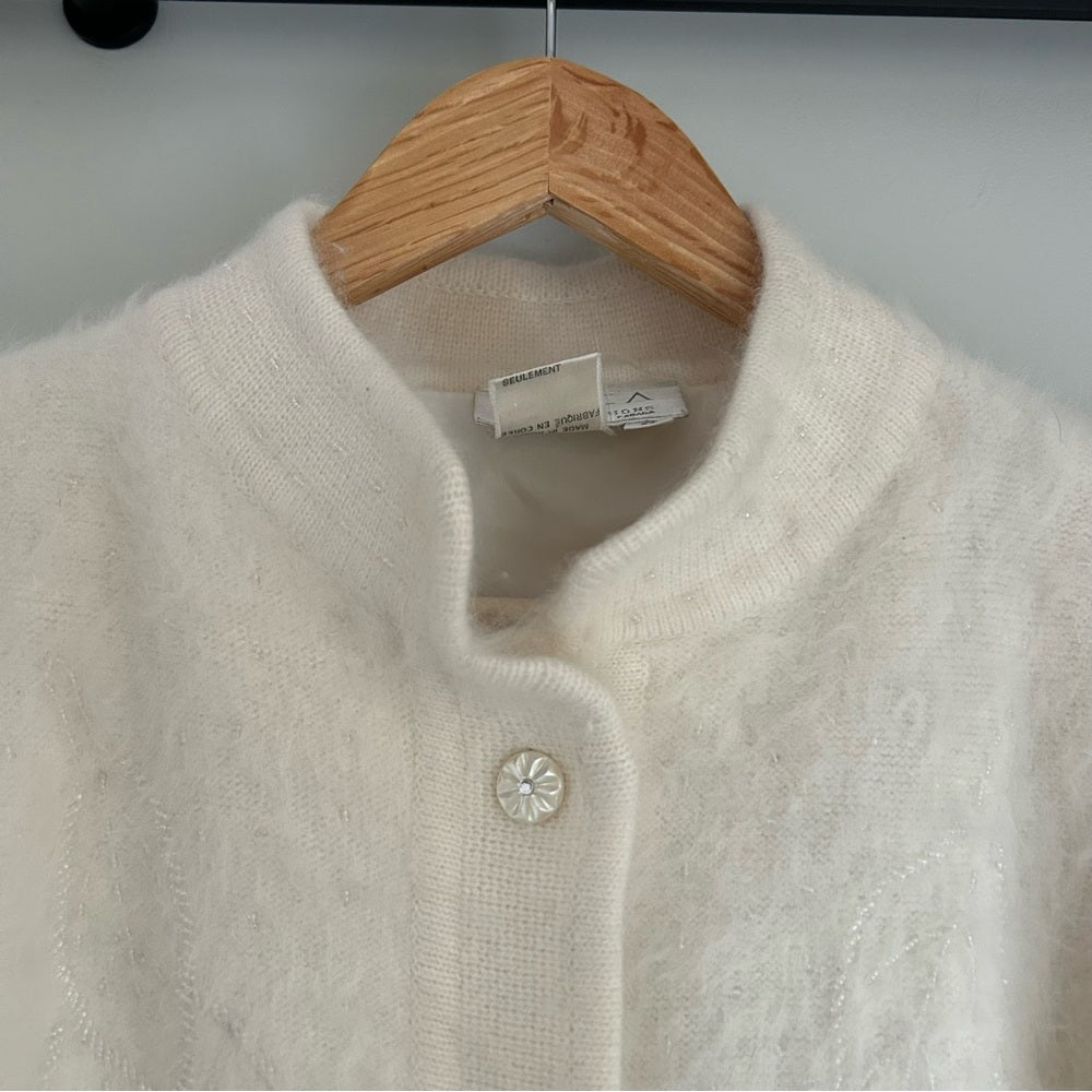 Elegant Vintage Angora Wool Soft White Button-Up Cardigan Sweater