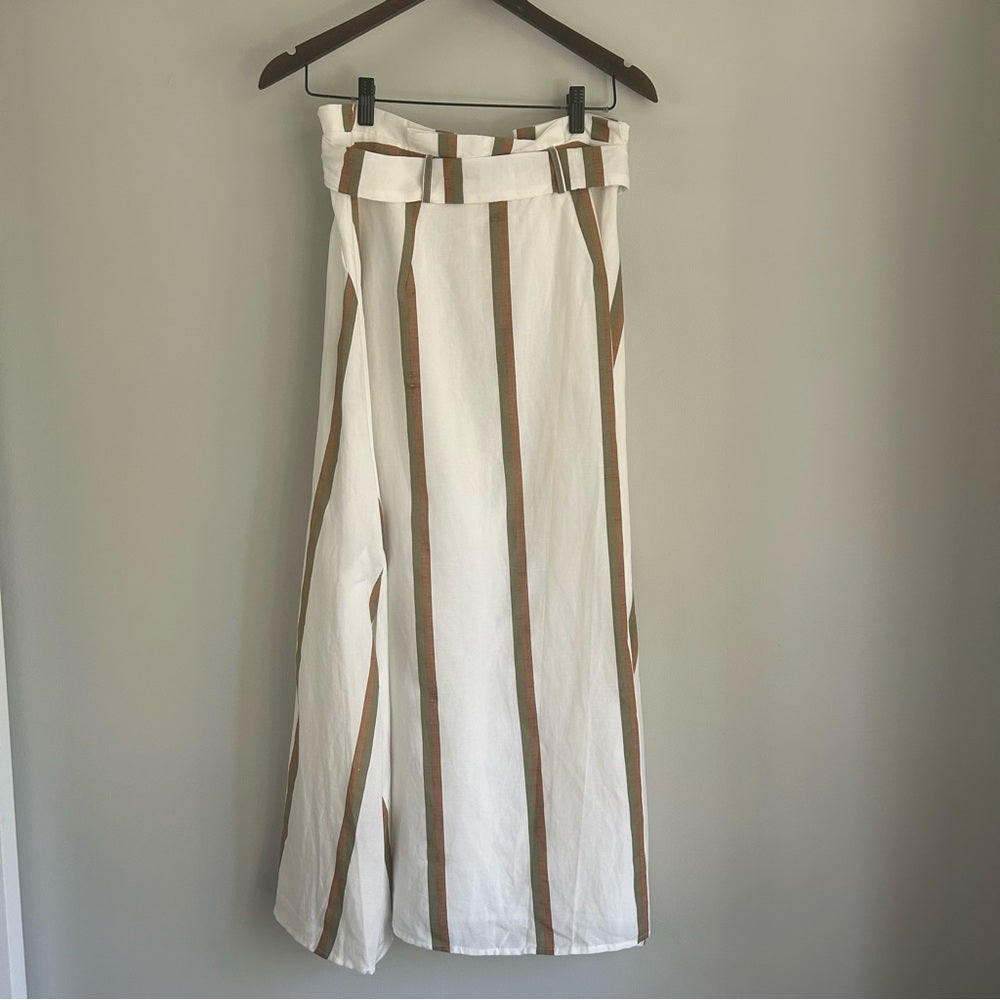 Sancia Pleated Lined Full Circle Linen Tencel Paperbag Waist Striped Maxi Skirt