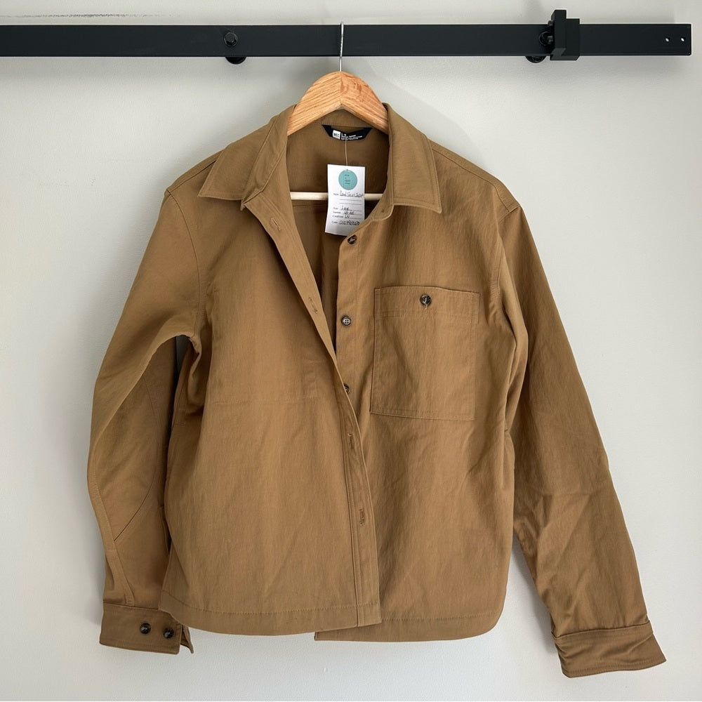 MEC Boxy Workwear Utility Shirt Jacket Camel Button Up Size Large