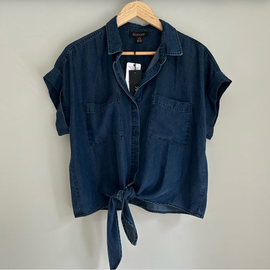 NEW! Renuar Notch Collar Tie-Front Tencel Lightweight Cuffed Short Sleeve Top