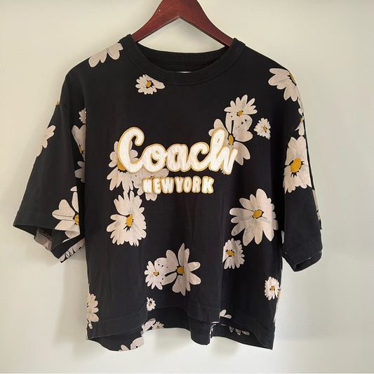 Coach New York Daisy Cropped Signature Script Crew Neck Cotton Tee Size Large