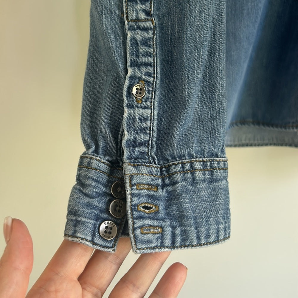 Denim Button Up Jean Shirt Yoke Cargo Flap Patch Chest Pockets