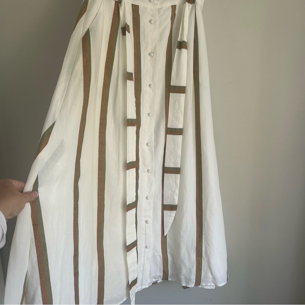 Sancia Pleated Lined Full Circle Linen Tencel Paperbag Waist Striped Maxi Skirt