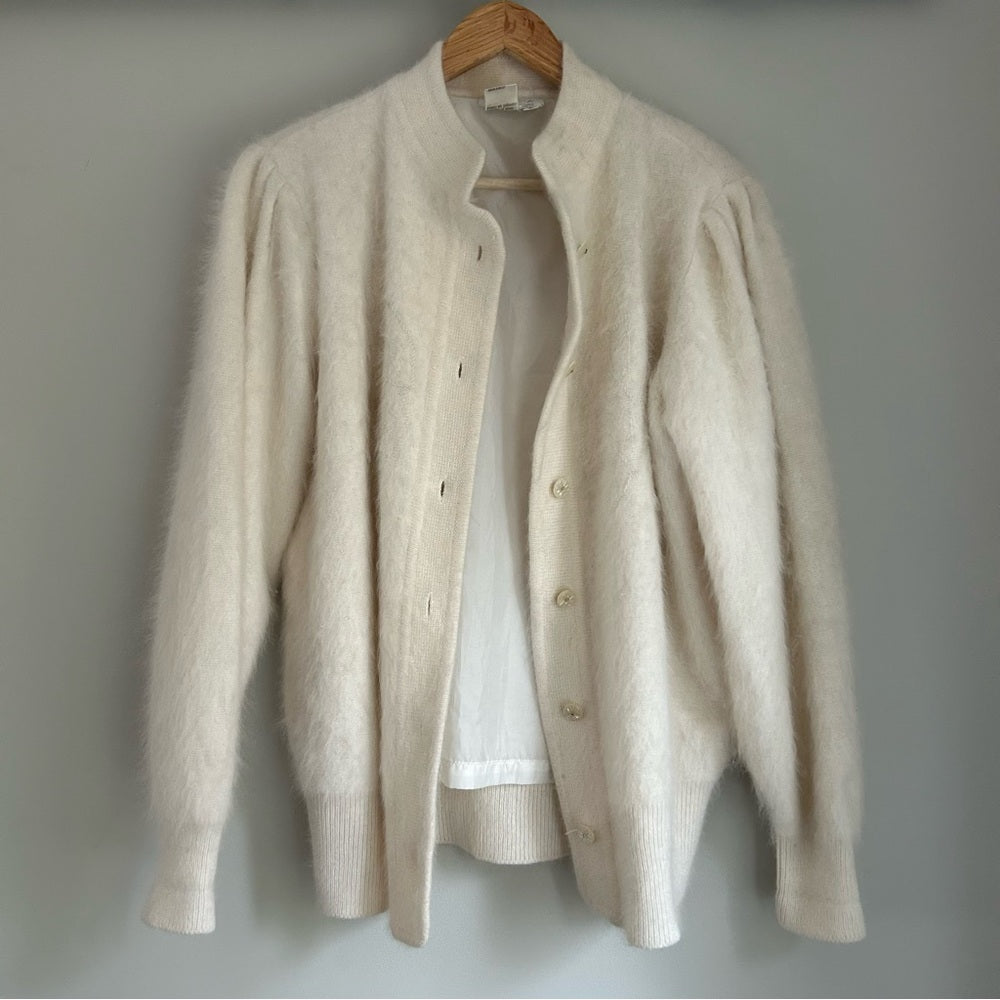 Elegant Vintage Angora Wool Soft White Button-Up Cardigan Sweater
