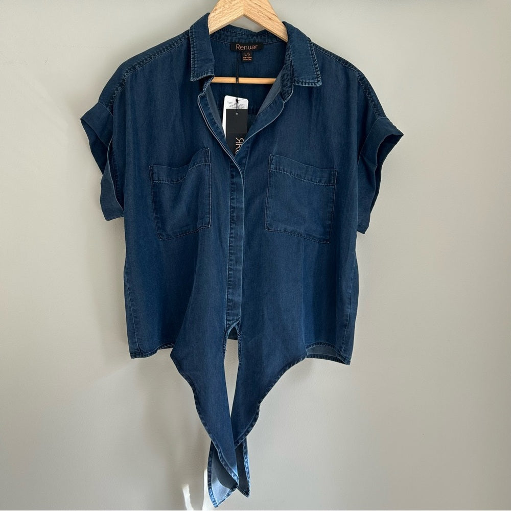 NEW! Renuar Notch Collar Tie-Front Tencel Lightweight Cuffed Short Sleeve Top