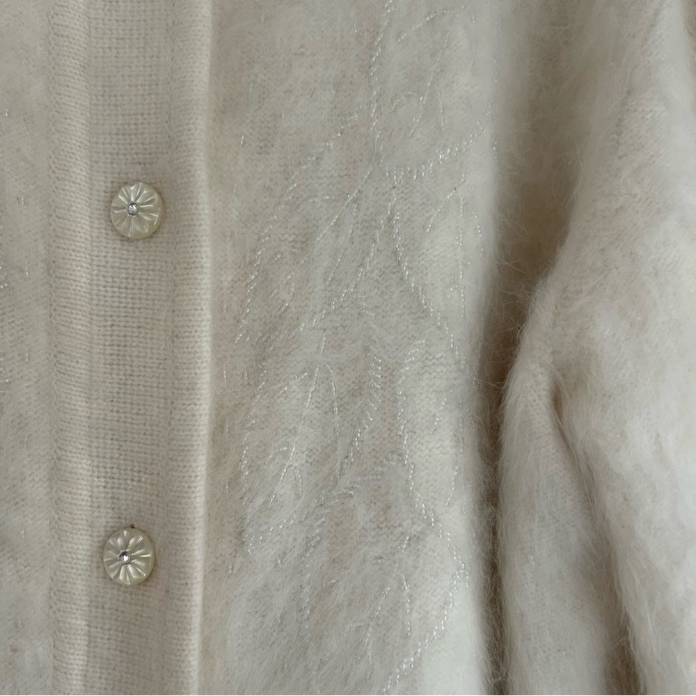 Elegant Vintage Angora Wool Soft White Button-Up Cardigan Sweater