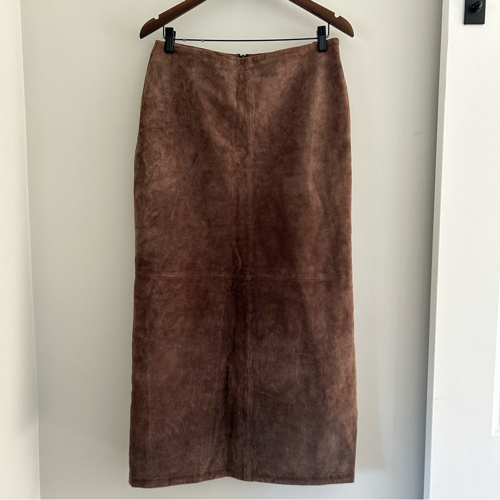 Vintage Mocha Brown Suede Leather 100% Genuine Straight Long Midi Maxi Skirt