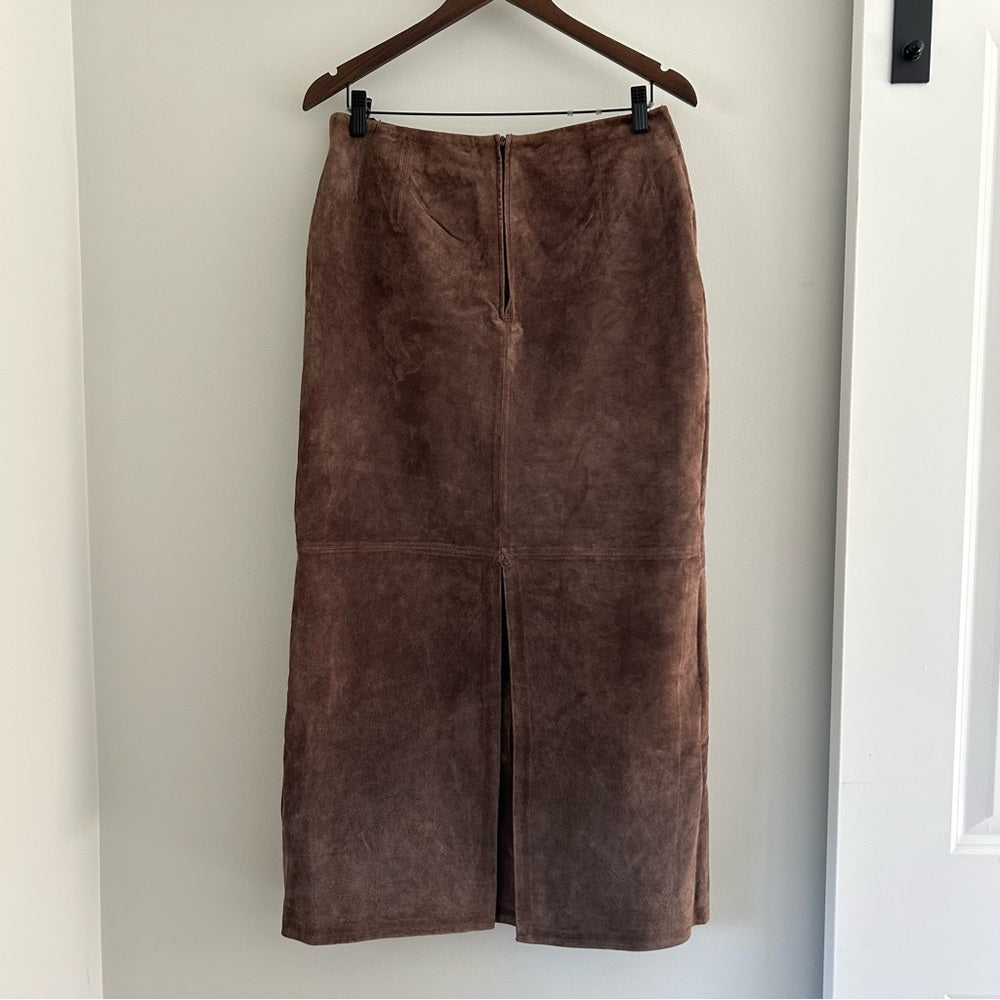 Vintage Mocha Brown Suede Leather 100% Genuine Straight Long Midi Maxi Skirt