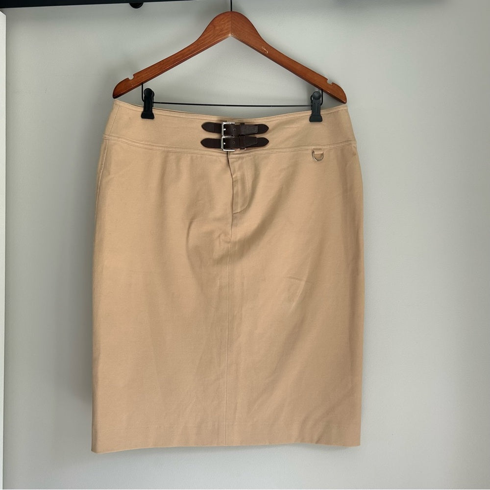 Ralph Lauren Camel Brown Belt Detail Stretchy Straight Pencil Knee Length Skirt
