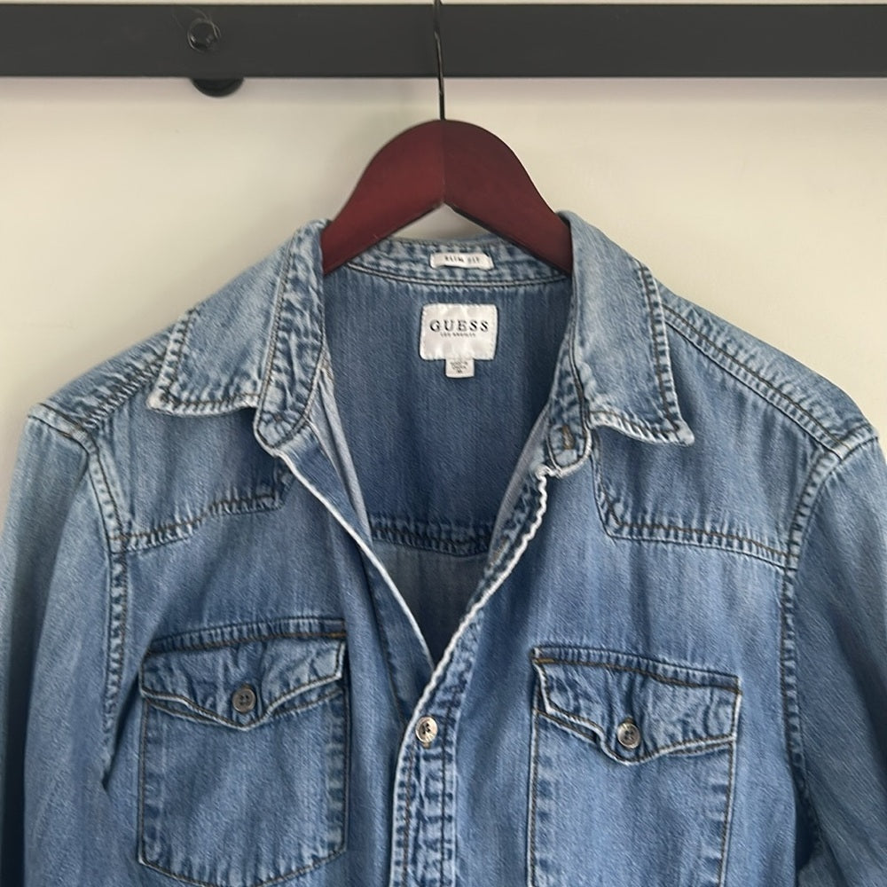 Denim Button Up Jean Shirt Yoke Cargo Flap Patch Chest Pockets