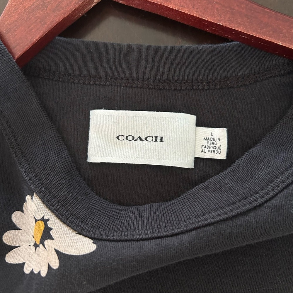 Coach New York Daisy Cropped Signature Script Crew Neck Cotton Tee Size Large
