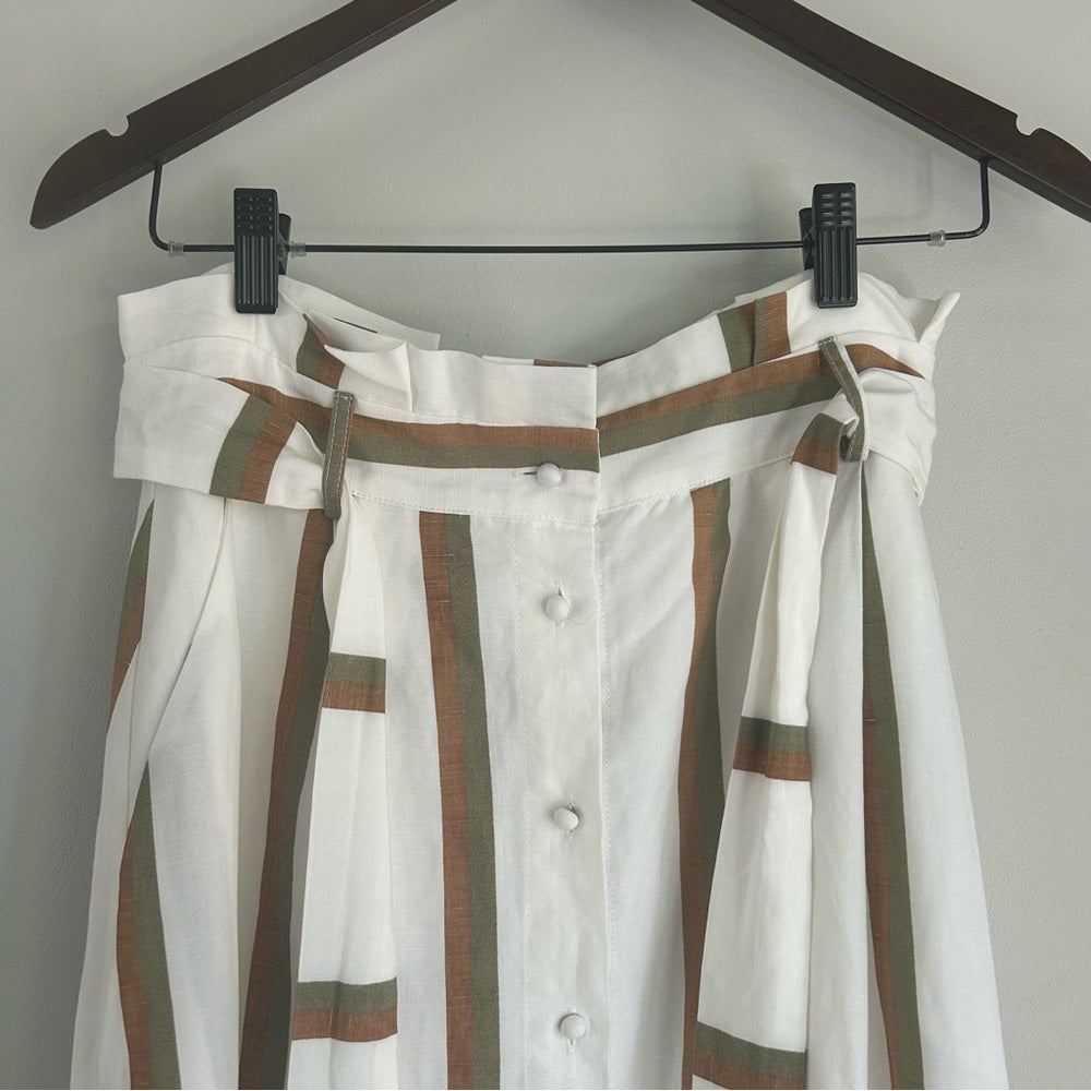 Sancia Pleated Lined Full Circle Linen Tencel Paperbag Waist Striped Maxi Skirt