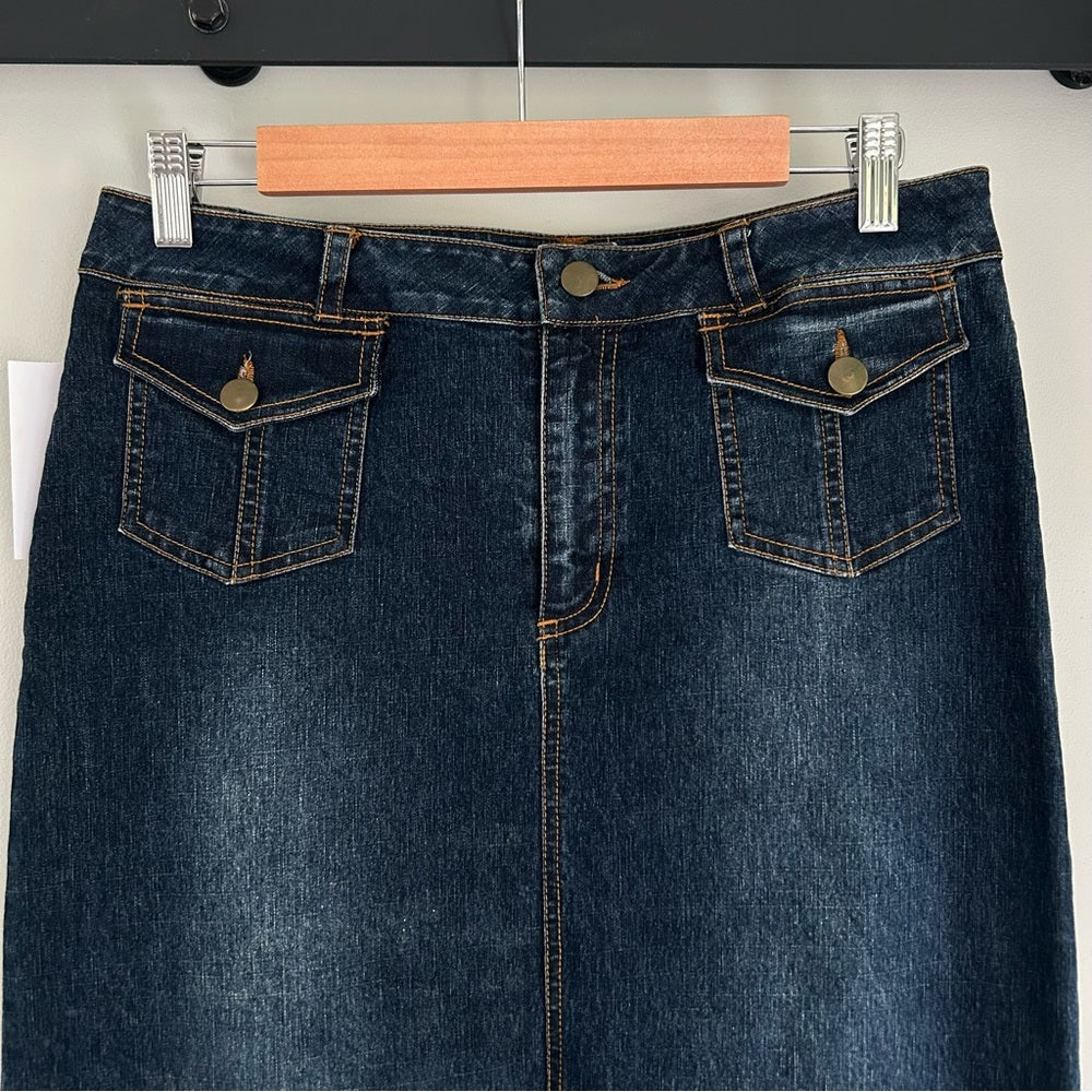 Vintage Denim Jean Maxi Straight Skirt Cargo Flap Patch Pockets