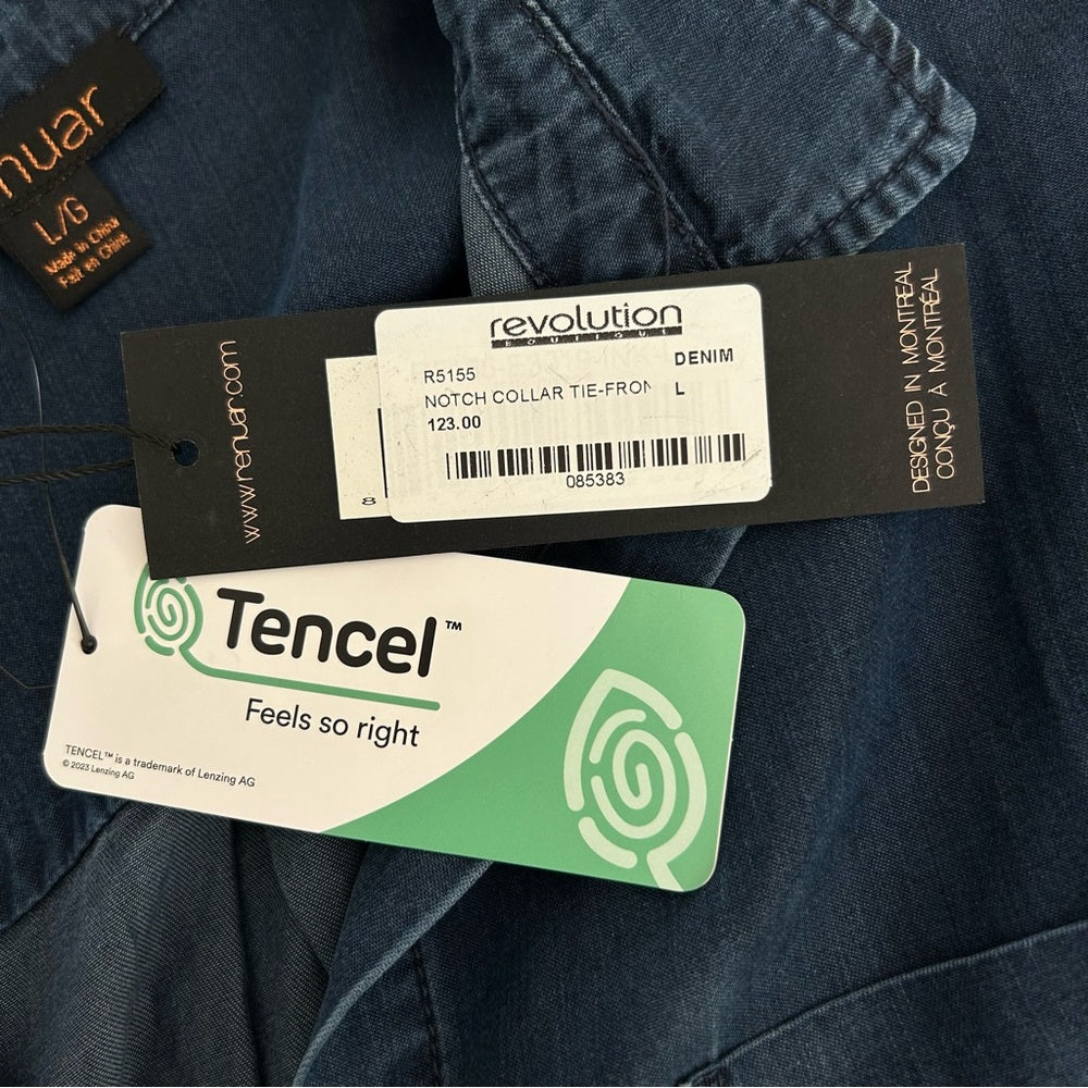 NEW! Renuar Notch Collar Tie-Front Tencel Lightweight Cuffed Short Sleeve Top