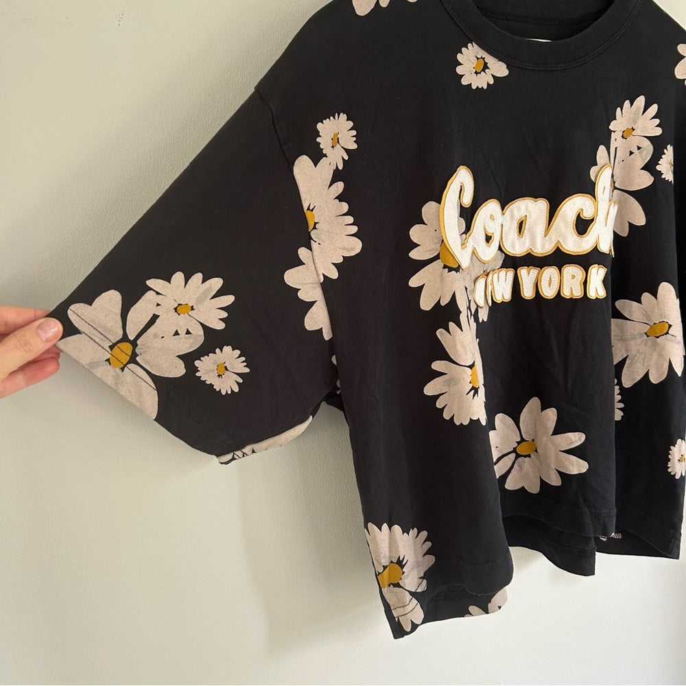 Coach New York Daisy Cropped Signature Script Crew Neck Cotton Tee Size Large