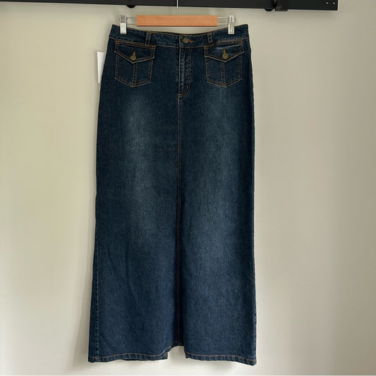 Vintage Denim Jean Maxi Straight Skirt Cargo Flap Patch Pockets