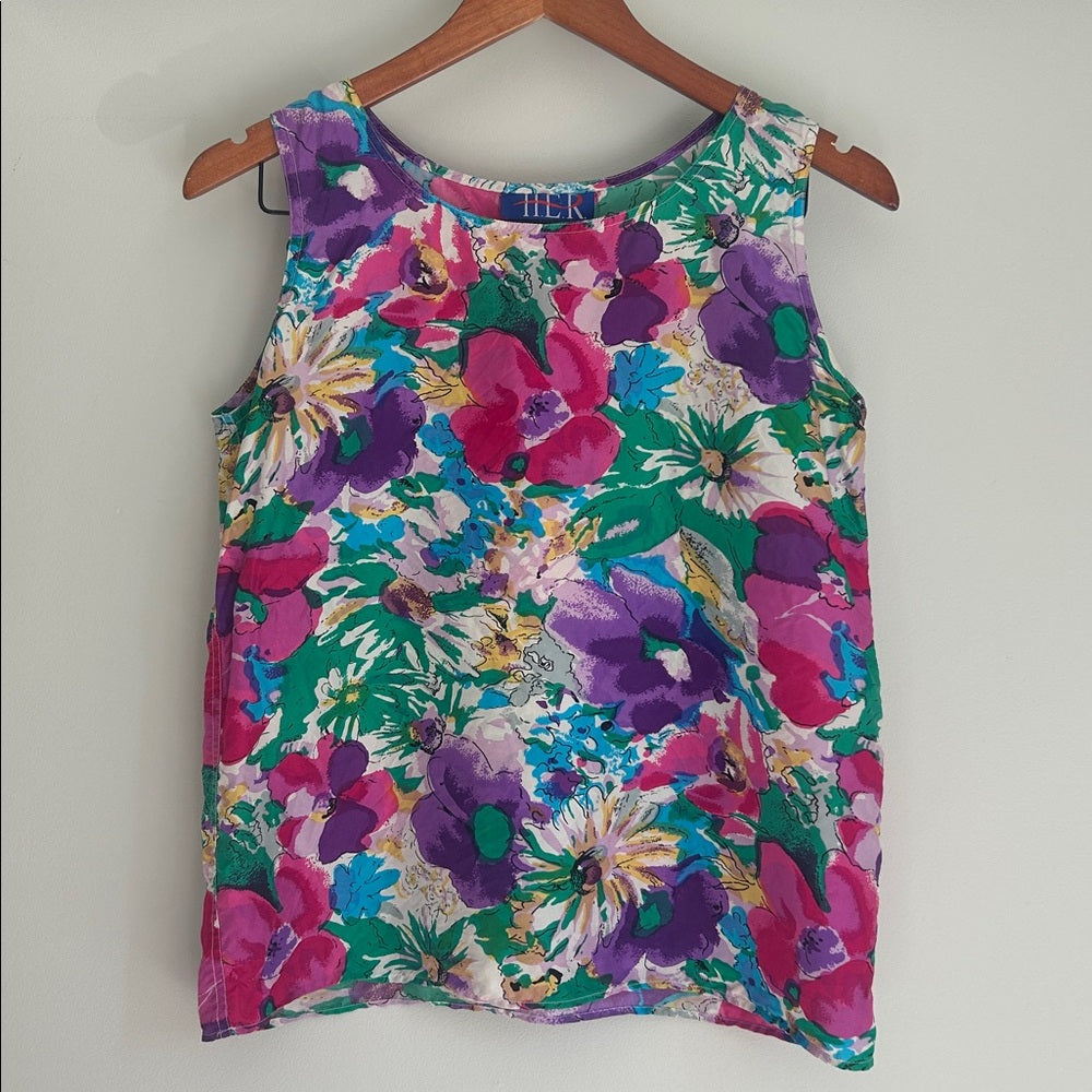 Vintage Silk Sleeveless Blouse Top Floral