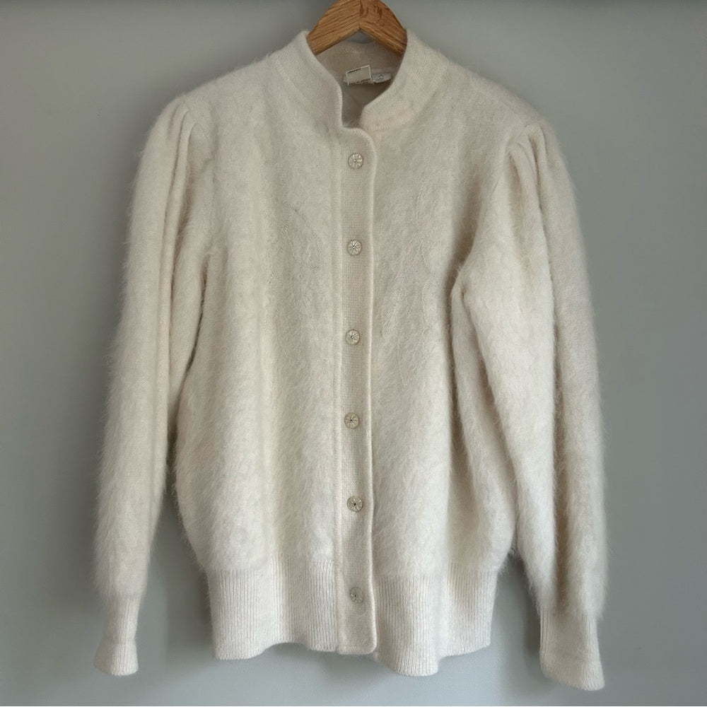 Elegant Vintage Angora Wool Soft White Button-Up Cardigan Sweater
